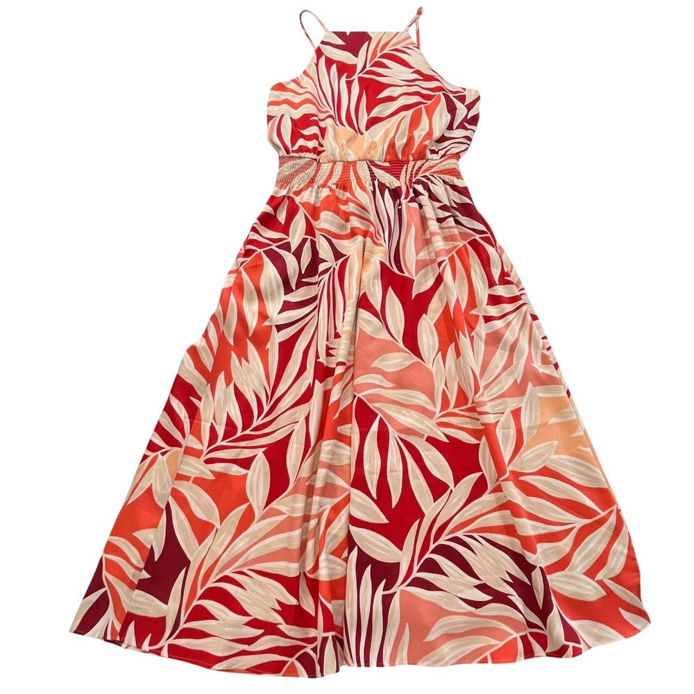 Ann Taylor Tropical Leaf Print Maxi Dress Halter Smocked Waist Beach Vacation S